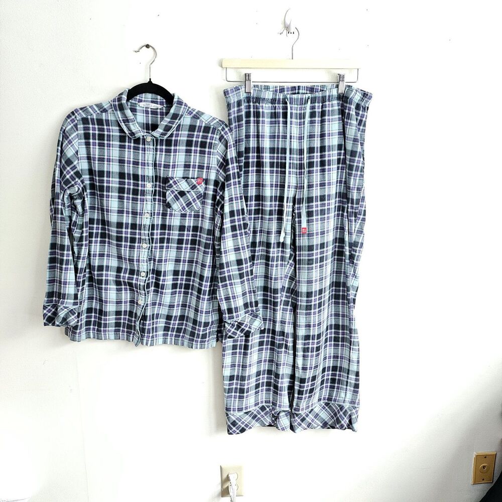 Woolrich Women's Large Green Navy Flannel PJ Set. Cotton. EUC